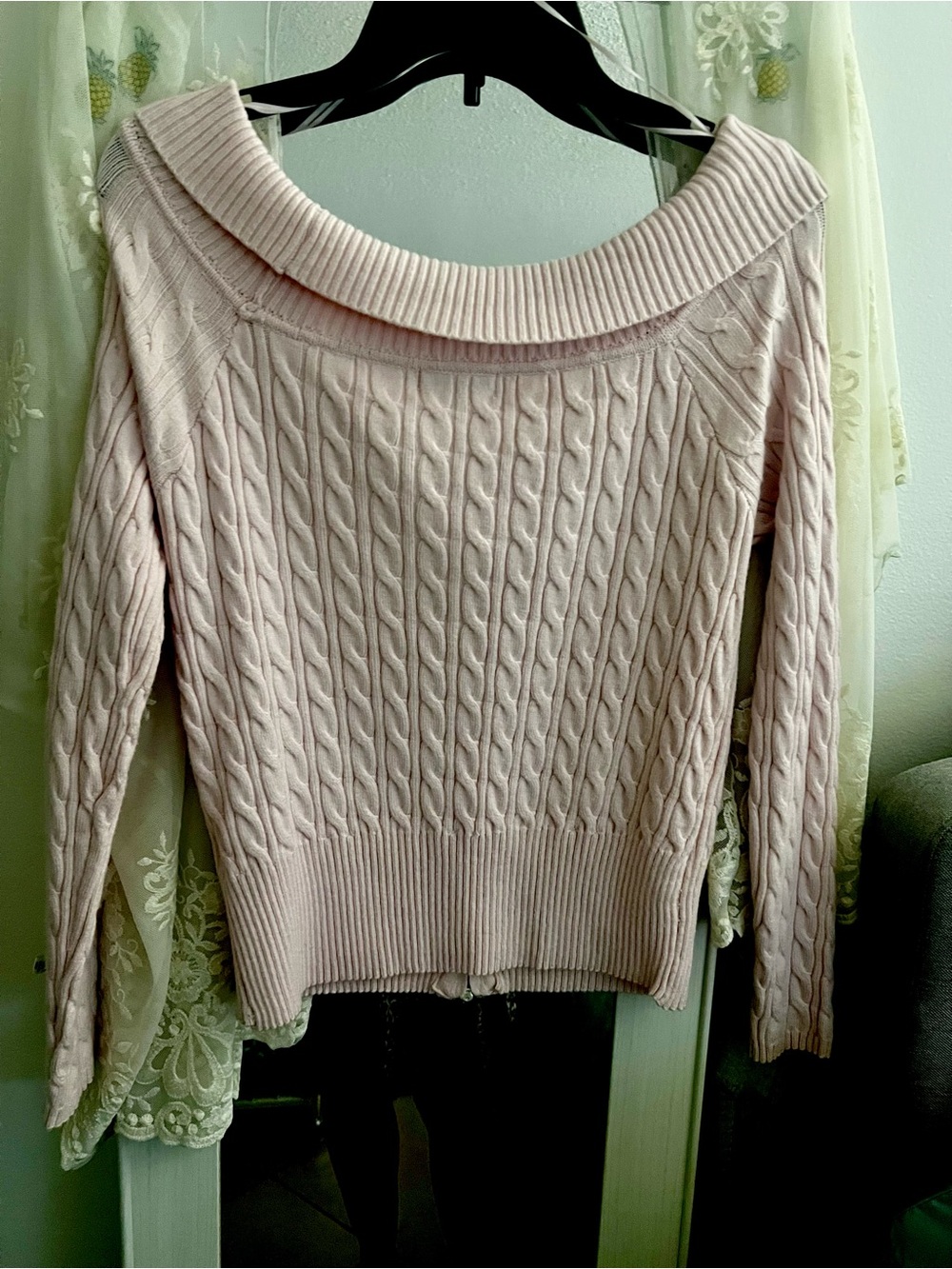 Hooked Up by IOT Blush Pink Off-Shoulder Cable Zip Sweater - Picture 3 of 3